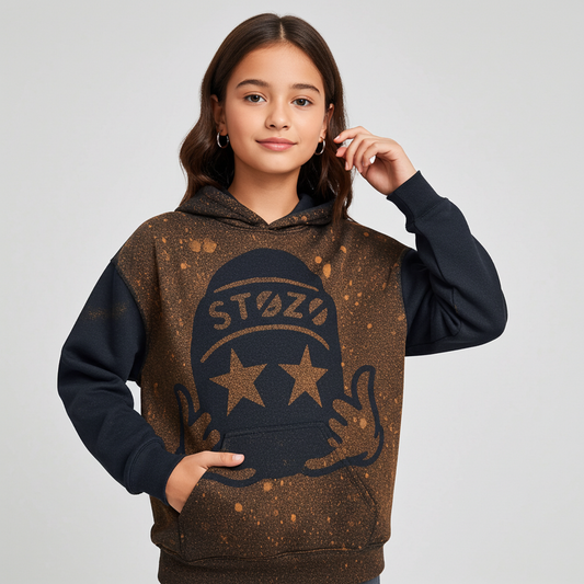 Youth STOZO hand-styled hoodie on a girl model in Obsidian Night black color