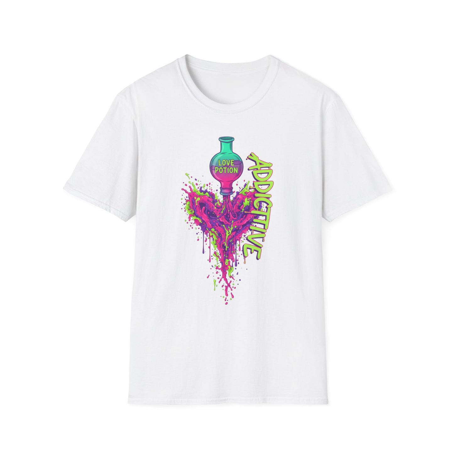 Love Potion Heart Splash T-Shirt | Addictive Neon Potion Design