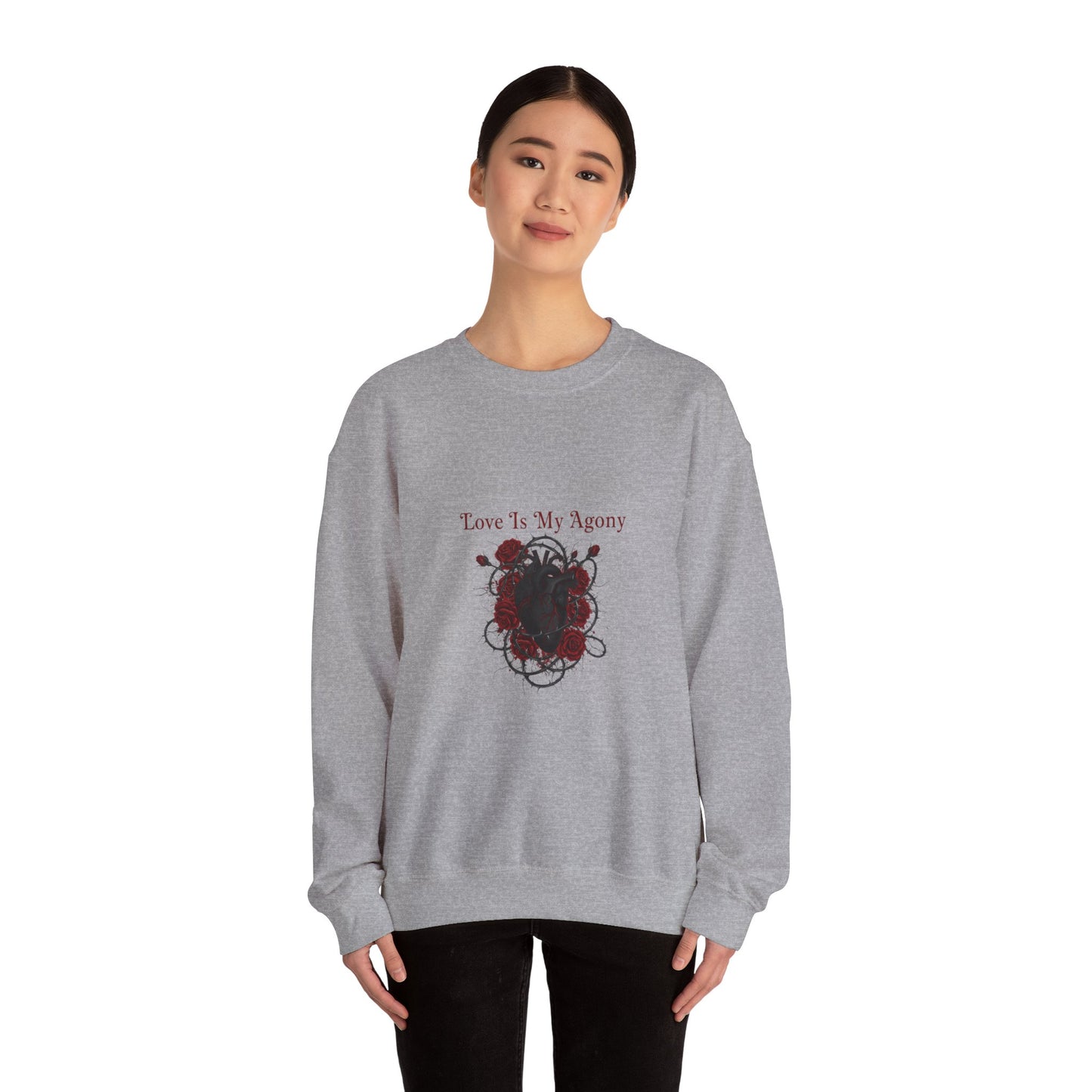 Love Is My Agony Sweatshirt | Goth Valentine, Dark Romance, Black Rose Emblem