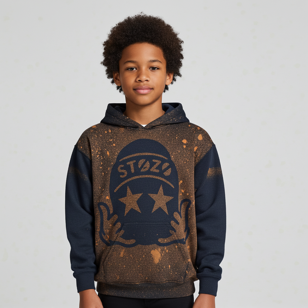 Youth STOZO hand-styled hoodie on a boy model in Obsidian Night black color