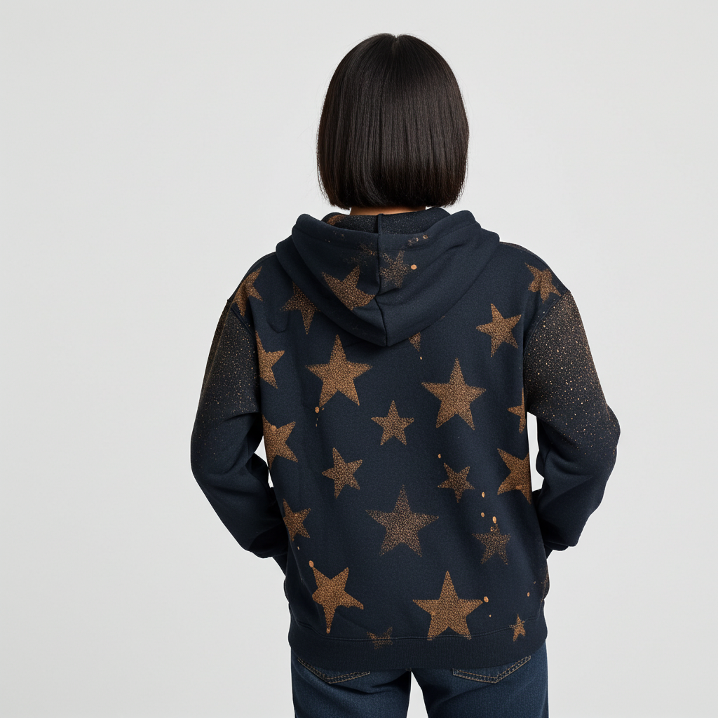 Youth STOZO hand-styled hoodie on a boy model in Obsidian Night black color (rear)